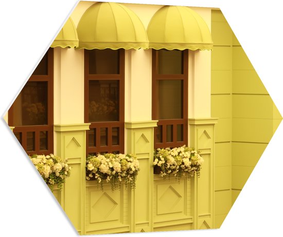 PVC Schuimplaat Hexagon - Raamkozijnen met Gele Plantenbakken aan Geel Huis - 70x60.9 cm Foto op Hexagon (Met Ophangsysteem)