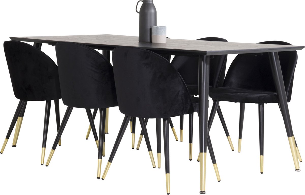Dipp180x90BLBR eethoek eetkamertafel zwart en 6 Velvet eetkamerstal velours zwart, messing decor.