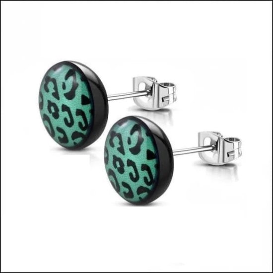 Aramat jewels ® - Luipaard print oorbellen animal blauw zwart acryl staal 7mm