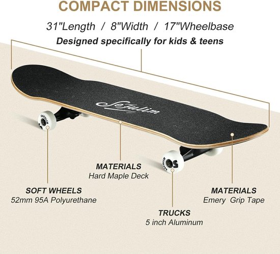 Skateboard adulte planche complète 31 x 8 pouces avec roulements à