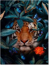 Allernieuwste Canvas Schilderij Tijger in de Jungle - Modern - Bloemen - Vlinders - Woonkamer - 60 x 80 cm - Kleur