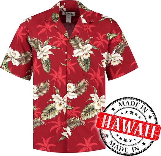 Hawaii Blouse Mannen - Shirt - Hemd - 100% Katoen - Overhemd Heren Korte Mouw - Made in Hawaii "Hibiscus Rood" Maat L
