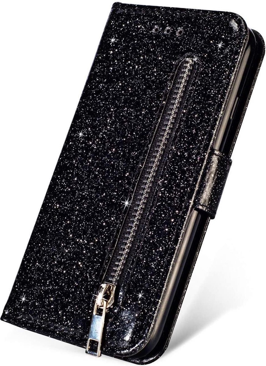 Glitter Bookcase Hoesje Geschikt voor: Samsung Galaxy A33 5G met rits - hoesje - portemonnee hoesje - Zwart - ZT Accessoires