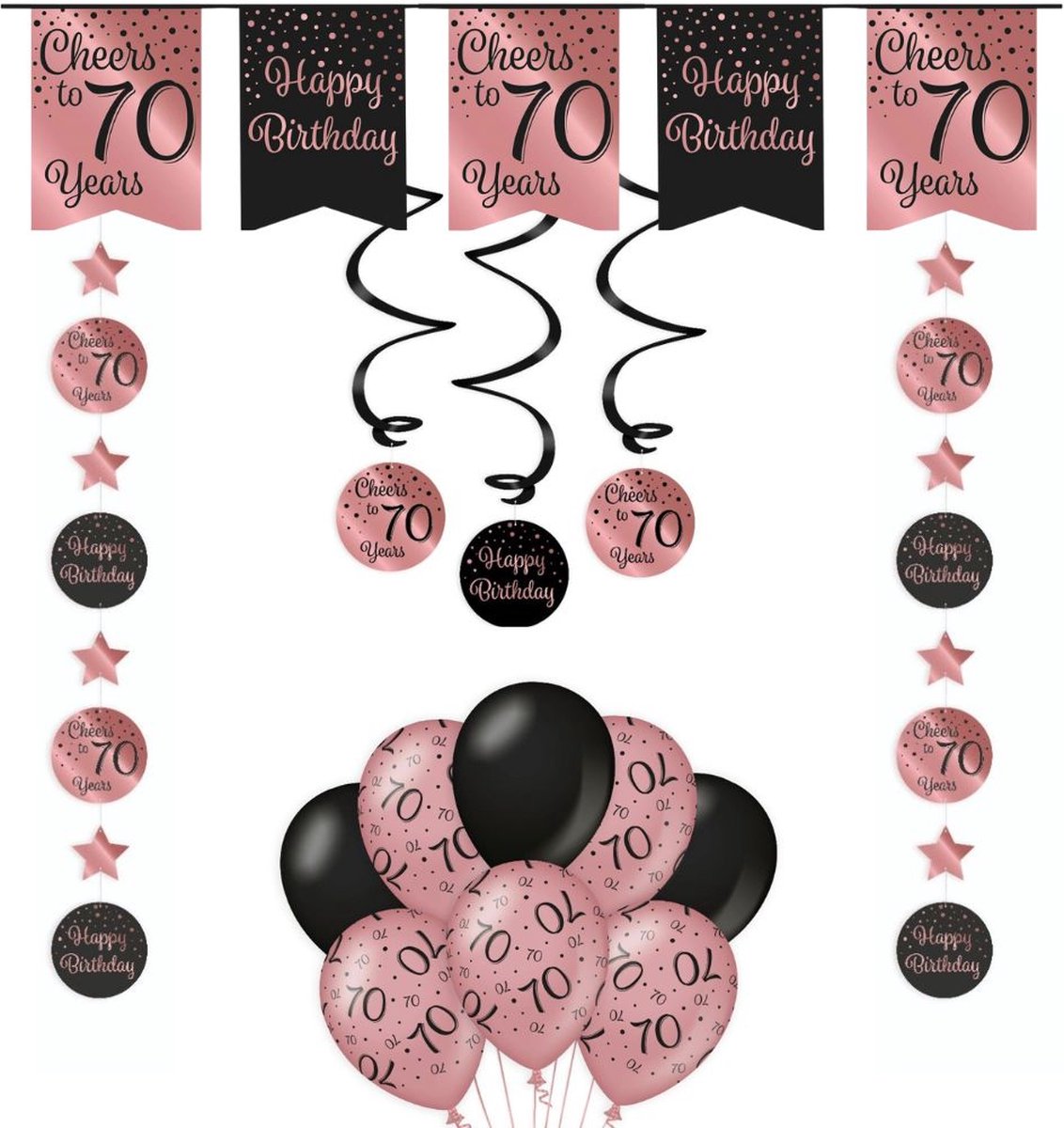 Verjaardag Versiering Pakket 70 Jaar - Zwart - Roze - 14 Stuks - Versiering - Decoratie - Feestpakket - Leeftijden - Slinger - Ballonnen - Hangdecoratie - Swirls