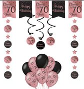 Verjaardag Versiering Pakket 70 Jaar - Zwart - Roze - 14 Stuks - Versiering - Decoratie - Feestpakket - Leeftijden - Slinger - Ballonnen - Hangdecoratie - Swirls