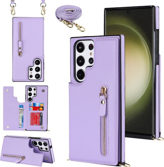 Casemania Hoesje Geschikt voor Samsung Galaxy S23 Ultra Paars - Luxe Back Cover met Koord - Wallet Case - Pasjeshouder