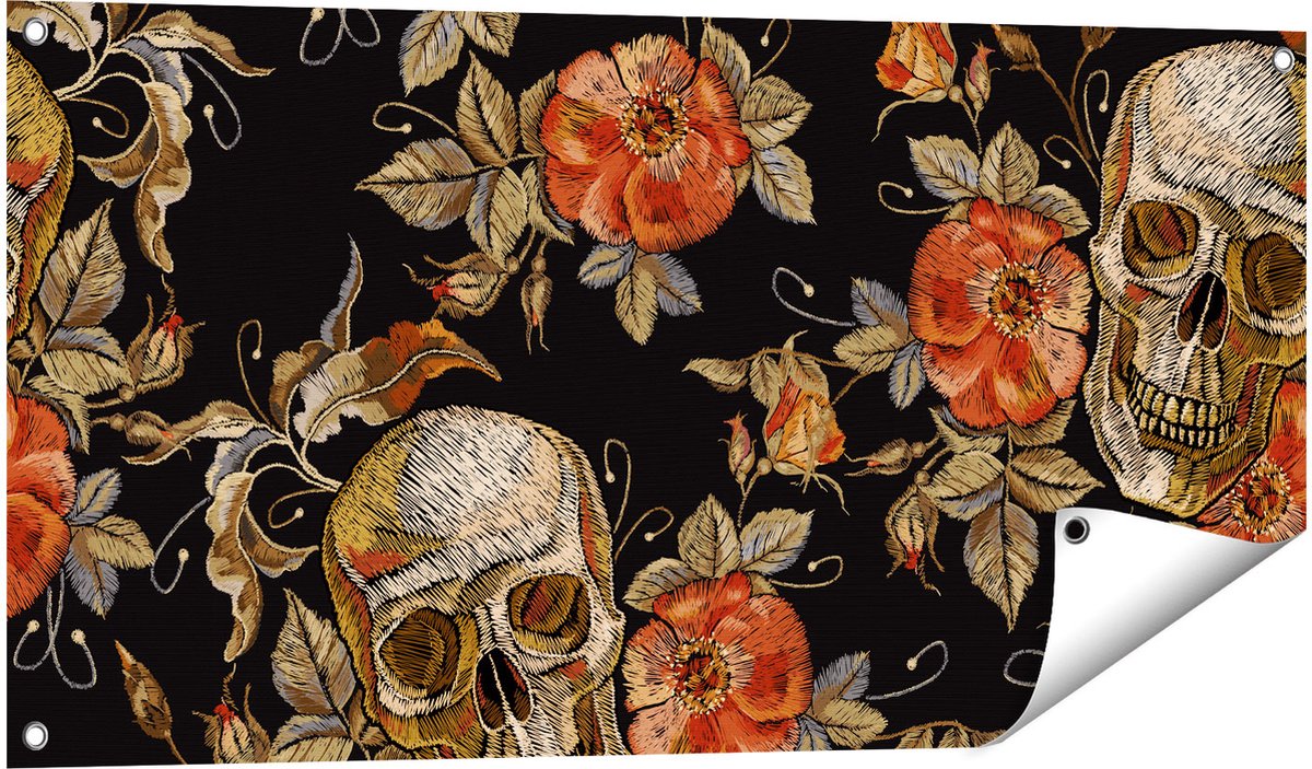 Gards Tuinposter Doodshoofden met Bloemen - Schedels - 100x50 cm - Tuindoek - Tuindecoratie - Wanddecoratie buiten - Tuinschilderij Multikleur