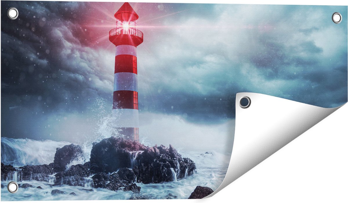 Gards Tuinposter Vuurtoren tijdens een Storm - 60x30 cm - Tuindoek - Tuindecoratie - Wanddecoratie buiten - Tuinschilderij Multikleur