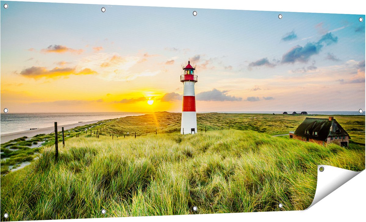 Gards Tuinposter Vuurtoren met Zonsopgang op een Eiland - 160x80 cm - Tuindoek - Tuindecoratie - Wanddecoratie buiten - Tuinschilderij Multikleur