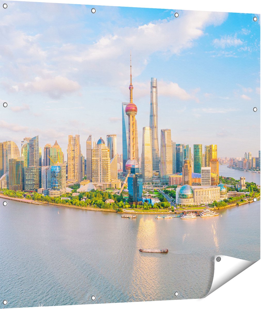 Gards Tuinposter Skyline Shanghai Stad in China - 110x110 cm - Tuindoek - Tuindecoratie - Wanddecoratie buiten - Tuinschilderij Multikleur