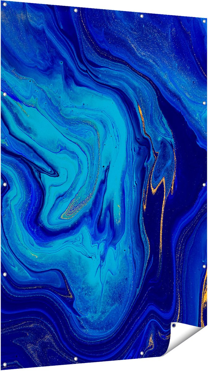 Gards Tuinposter Abstracte Kunst - Blauw met Gouden Verf - 120x180 cm - Tuindoek - Tuindecoratie - Wanddecoratie buiten - Tuinschilderij Multikleur