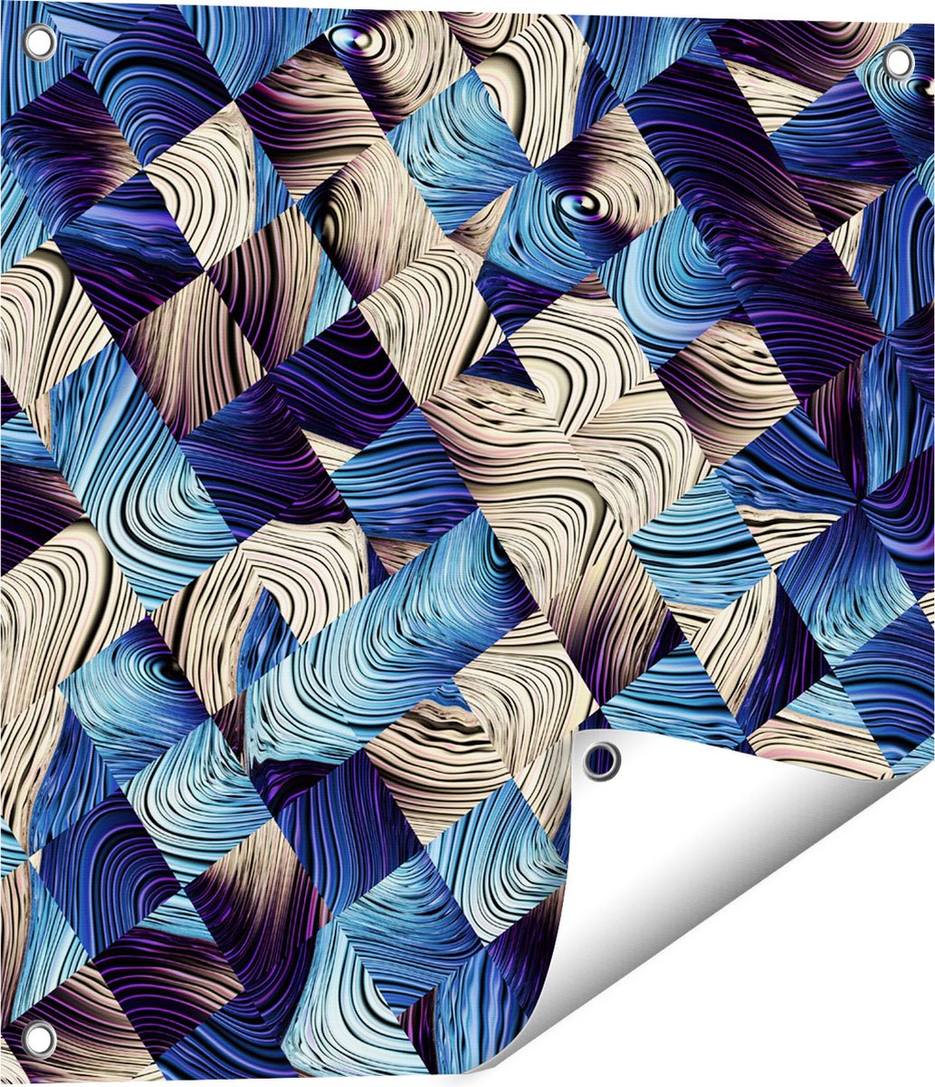 Gards Tuinposter Abstracte Kunst met Blauwe en Gouden Ruiten - 50x50 cm - Tuindoek - Tuindecoratie - Wanddecoratie buiten - Tuinschilderij Multikleur