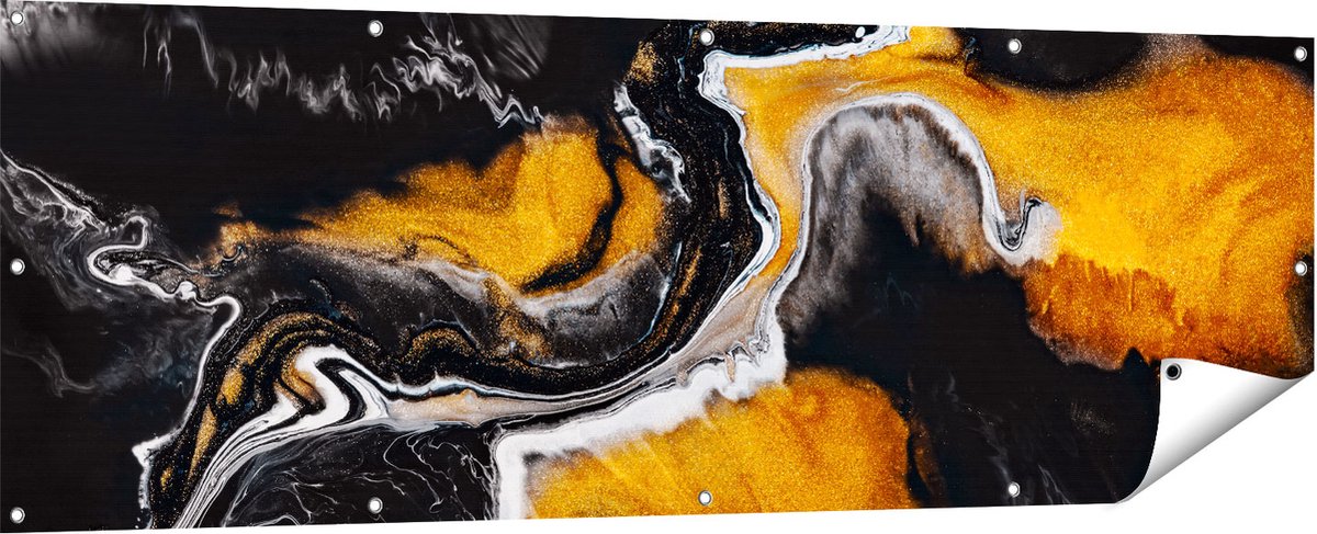 Gards Tuinposter Abstracte Kunst van Zwarte Gouden Verf - 180x60 cm - Tuindoek - Tuindecoratie - Wanddecoratie buiten - Tuinschilderij Multikleur