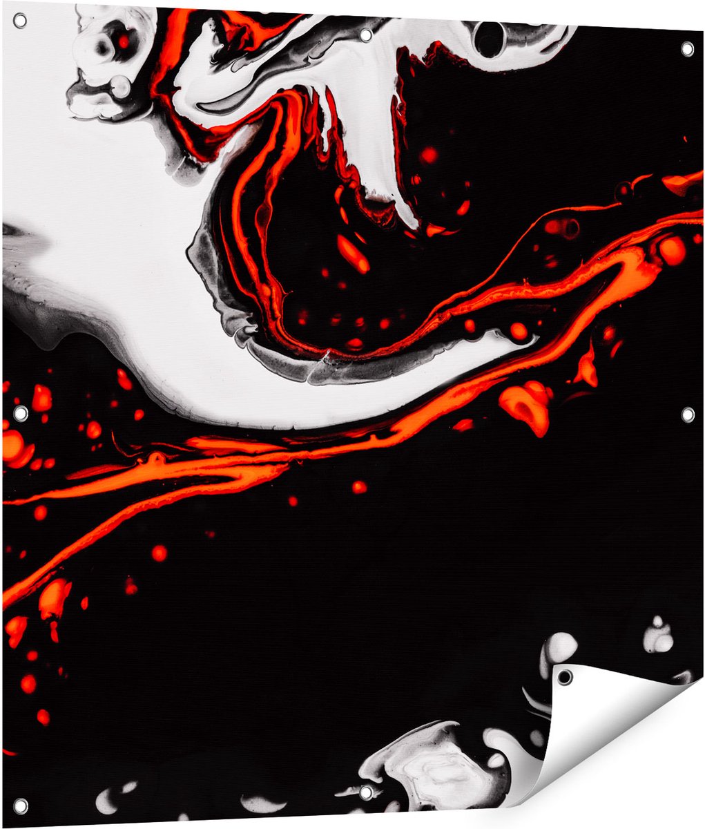 Gards Tuinposter Abstracte Kunst - Zwart en Wit met Rood - 90x90 cm - Tuindoek - Tuindecoratie - Wanddecoratie buiten - Tuinschilderij Multikleur