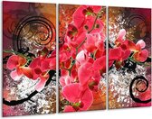 GroepArt - Schilderij -  Orchidee - Roze, Rood, - 120x80cm 3Luik - 6000+ Schilderijen 0p Canvas Art Collectie