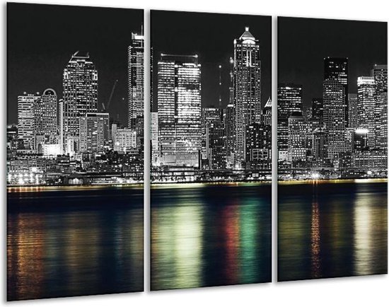 GroepArt - Schilderij -  New York - Zwart, Wit, Geel - 120x80cm 3Luik - 6000+ Schilderijen 0p Canvas Art Collectie