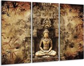 GroepArt - Schilderij -  Boeddha - Grijs, Bruin - 120x80cm 3Luik - 6000+ Schilderijen 0p Canvas Art Collectie