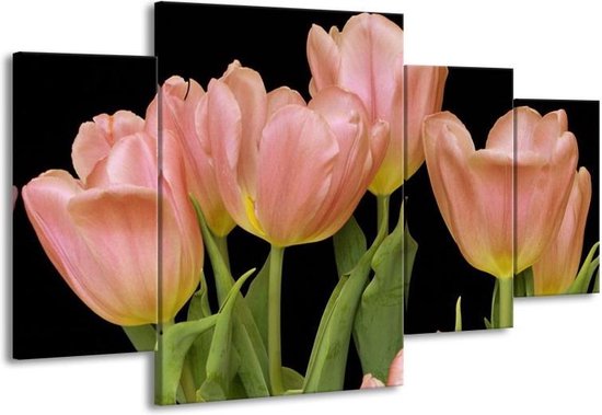 GroepArt - Schilderij -  Tulpen - Roze, Groen, Zwart - 160x90cm 4Luik - Schilderij Op Canvas - Foto Op Canvas