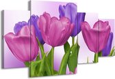 GroepArt - Schilderij -  Tulpen - Paars, Roze, Groen - 160x90cm 4Luik - Schilderij Op Canvas - Foto Op Canvas