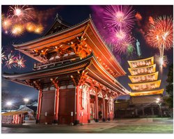 Poster (Mat) - Japanse Tempel omringd door Verschillende Kleuren Vuurwerkpijlen - 80x60 cm Foto op Posterpapier met een Matte look