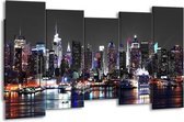 GroepArt - Canvas Schilderij - Skyline, Steden - Grijs, Zwart, Paars - 150x80cm 5Luik- Groot Collectie Schilderijen Op Canvas En Wanddecoraties