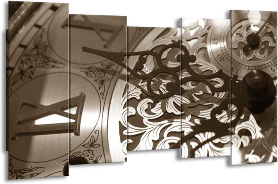 GroepArt - Canvas Schilderij - Klok - Sepia - 150x80cm 5Luik- Groot Collectie Schilderijen Op Canvas En Wanddecoraties
