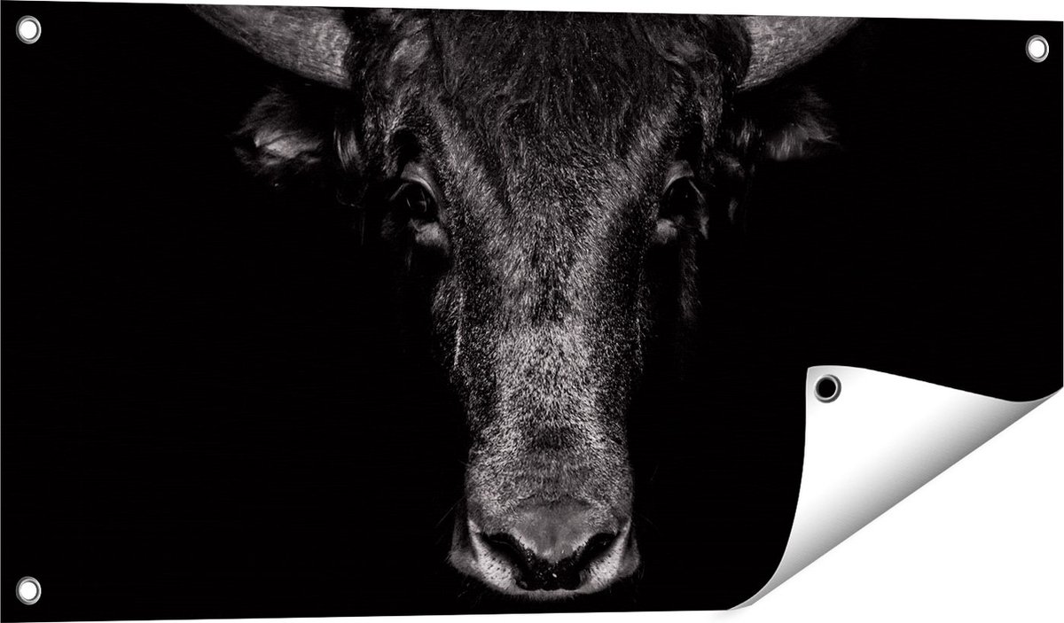 Gards Tuinposter Stierenkop - Stier - Zwart Wit - 80x40 cm - Tuindoek - Tuindecoratie - Wanddecoratie buiten - Tuinschilderij Multikleur