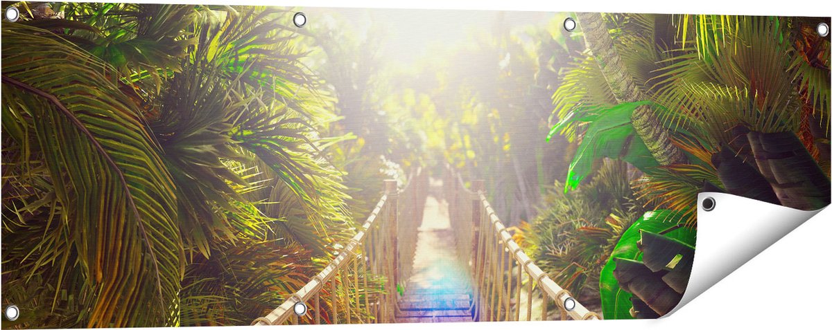 Gards Tuinposter Houten Brug in de Tropische Jungle - 120x40 cm - Tuindoek - Tuindecoratie - Wanddecoratie buiten - Tuinschilderij Multikleur