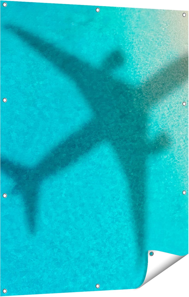 Gards Tuinposter Silhouet van een Vliegtuig op het Strand - 90x120 cm - Tuindoek - Tuindecoratie - Wanddecoratie buiten - Tuinschilderij Multikleur