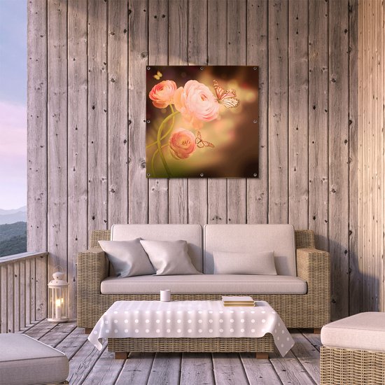 Gards Affiche de jardin Deux Papillons Roses avec Roses Roses - 80x80 cm - Toile jardin - Décoration de jardin - Décoration murale extérieur - Tableau jardin