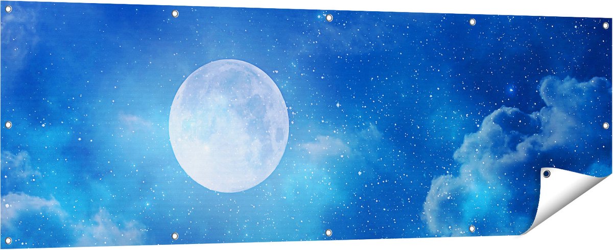 Gards Tuinposter Volle Maan in de Blauwe Hemel met Sterren - 180x60 cm - Tuindoek - Tuindecoratie - Wanddecoratie buiten - Tuinschilderij Multikleur
