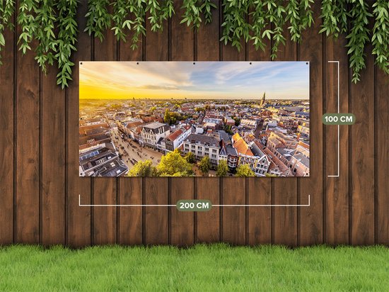 Gards Tuinposter Groningen Skyline Stad bij Zonsondergang - 200x100 cm - Tuindoek - Tuindecoratie - Wanddecoratie buiten - Tuinschilderij