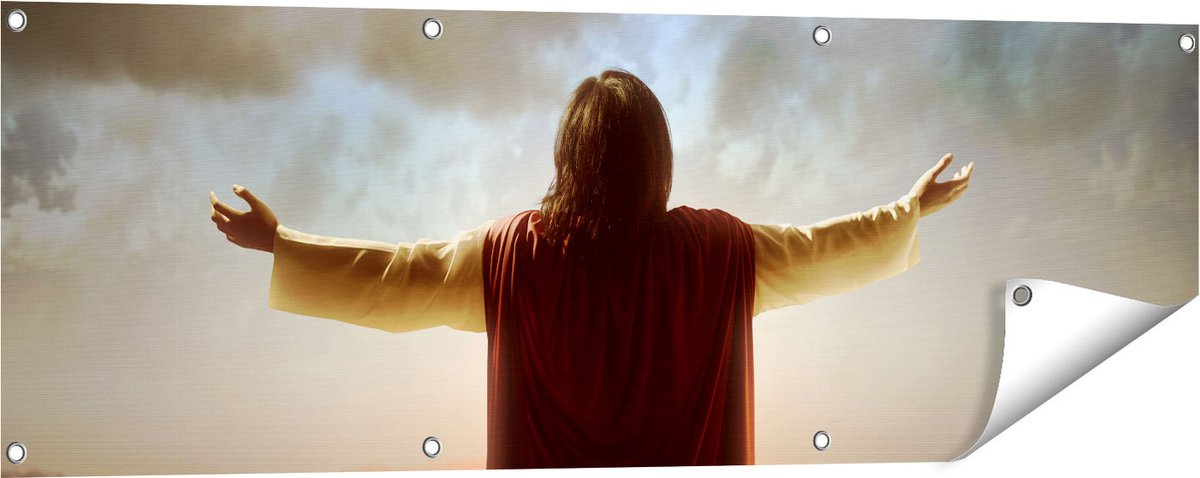 Gards Tuinposter Jezus Christus aan het Bidden bij Zonsopgang - 120x40 cm - Tuindoek - Tuindecoratie - Wanddecoratie buiten - Tuinschilderij Multikleur