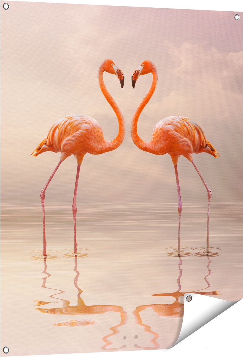 Gards Tuinposter Twee Flamingo's in een Hartjes Vorm - 80x100 cm - Tuindoek - Tuindecoratie - Wanddecoratie buiten - Tuinschilderij Multikleur
