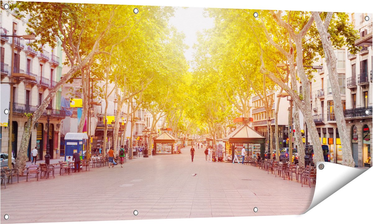 Gards Tuinposter De Ramblas Straat in Barcelona - 140x70 cm - Tuindoek - Tuindecoratie - Wanddecoratie buiten - Tuinschilderij Multikleur