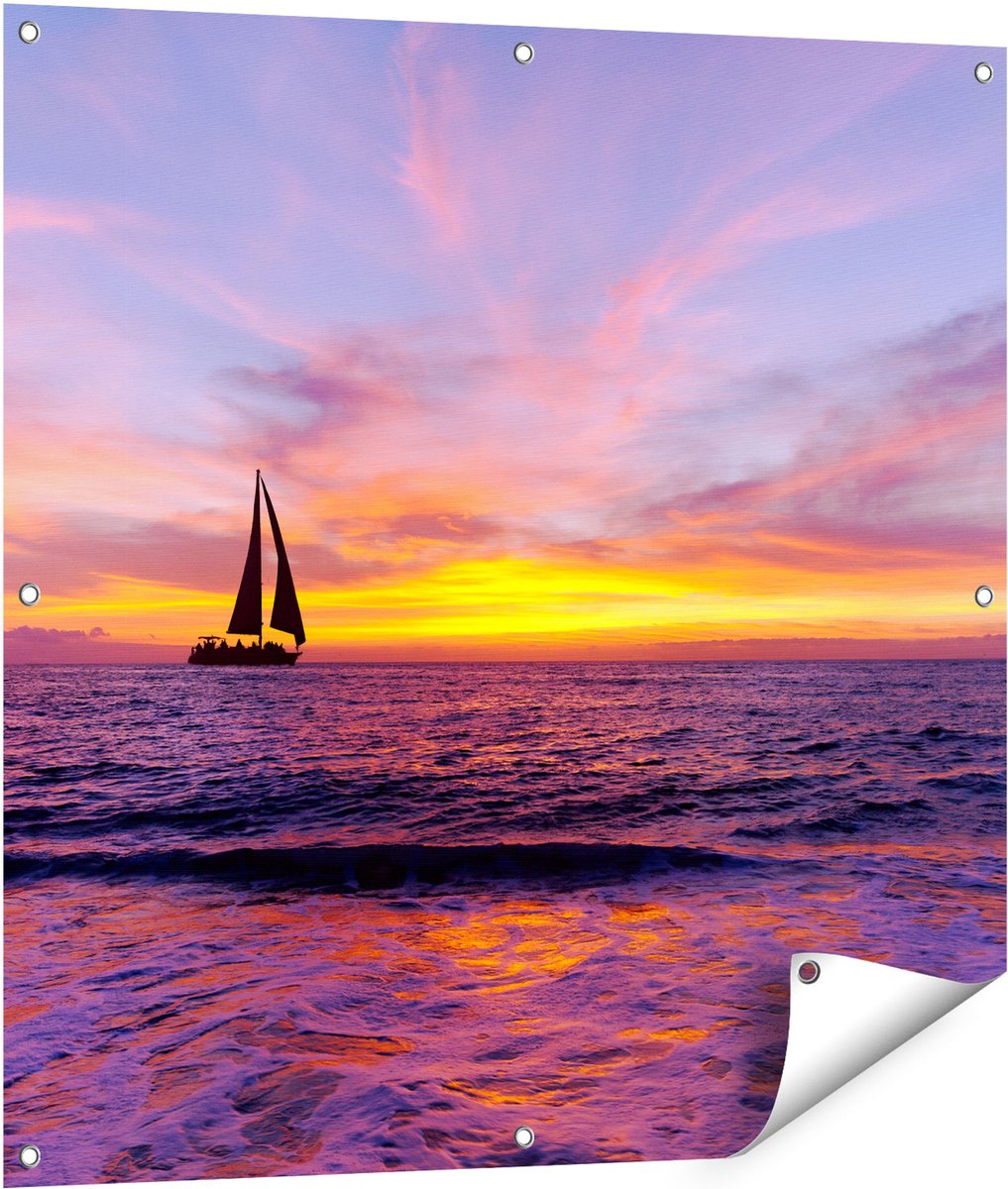 Gards Tuinposter Zeilboot Silhouet bij Zonsondergang - 90x90 cm - Tuindoek - Tuindecoratie - Wanddecoratie buiten - Tuinschilderij Multikleur