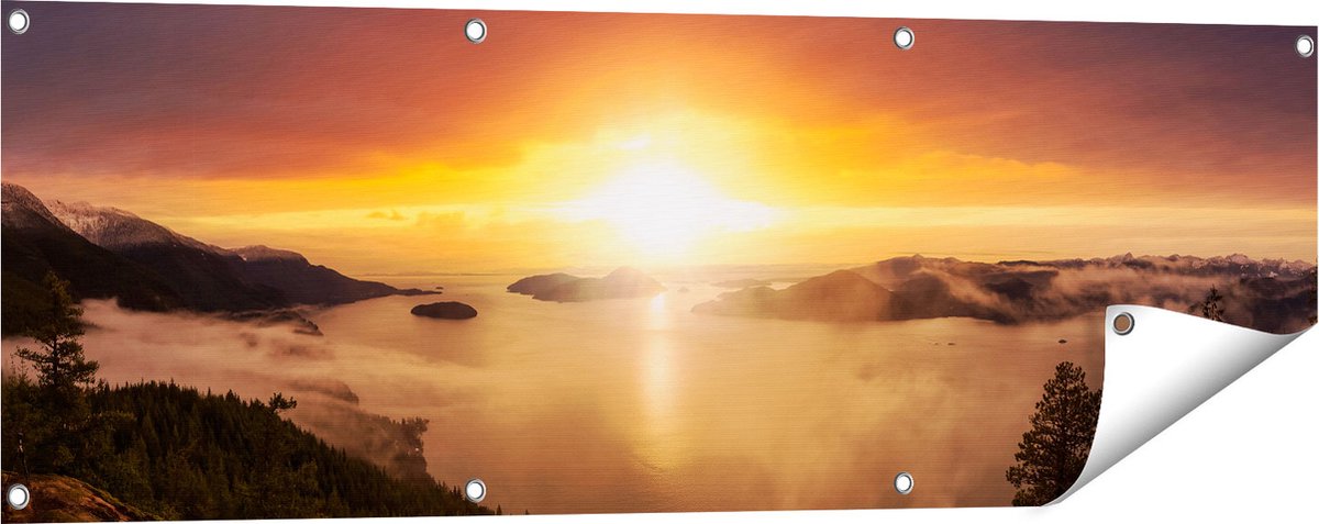 Gards Tuinposter Zonsondergang in de Bergen met Wolken - 120x40 cm - Tuindoek - Tuindecoratie - Wanddecoratie buiten - Tuinschilderij Multikleur