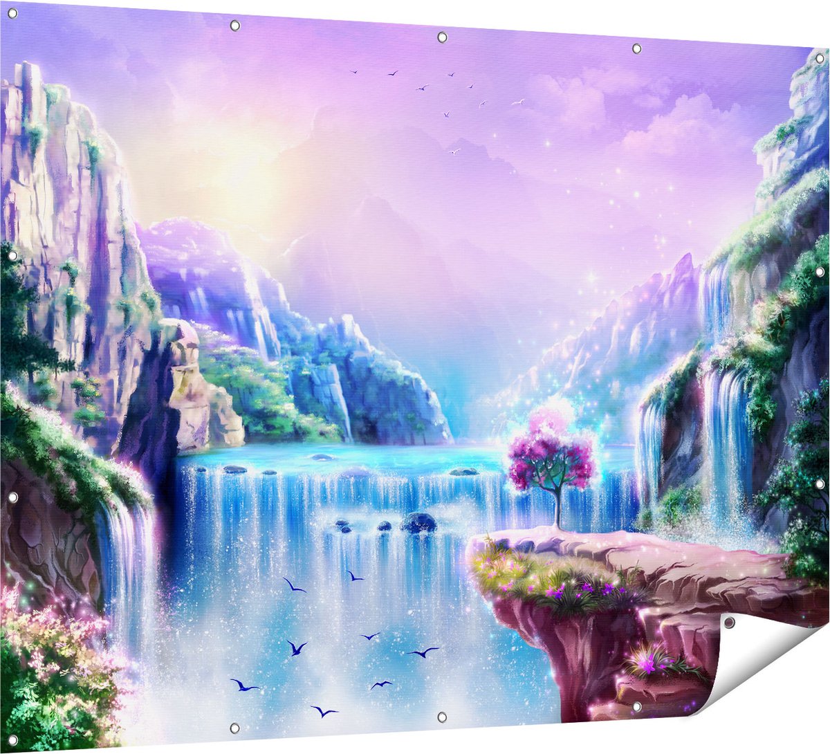 Gards Tuinposter Kleurrijke Sprookjes Waterval - Abstract - 160x120 cm - Tuindoek - Tuindecoratie - Wanddecoratie buiten - Tuinschilderij Multikleur