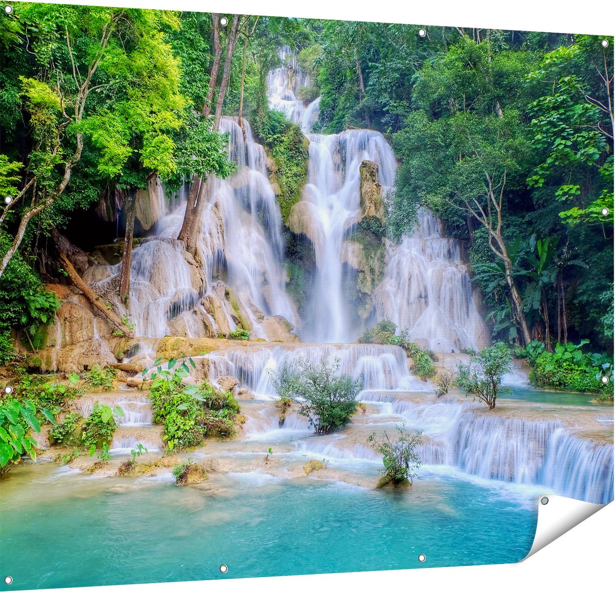 Gards Tuinposter Waterval in het Tropische Natuur - 150x120 cm - Tuindoek - Tuindecoratie - Wanddecoratie buiten - Tuinschilderij Multikleur