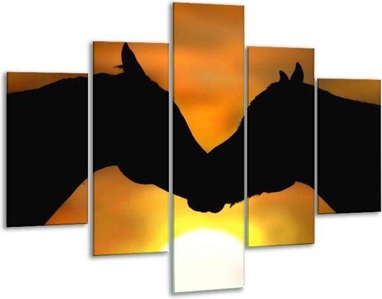 Glasschilderij -  Paarden - Zwart, Geel, Bruin - 100x70cm 5Luik - Geen Acrylglas Schilderij - GroepArt 6000+ Glasschilderijen Collectie - Wanddecoratie- Foto Op Glas