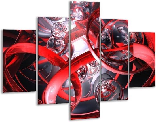 Glasschilderij -  Abstract - Rood, Zwart, Wit - 100x70cm 5Luik - Geen Acrylglas Schilderij - GroepArt 6000+ Glasschilderijen Collectie - Wanddecoratie- Foto Op Glas