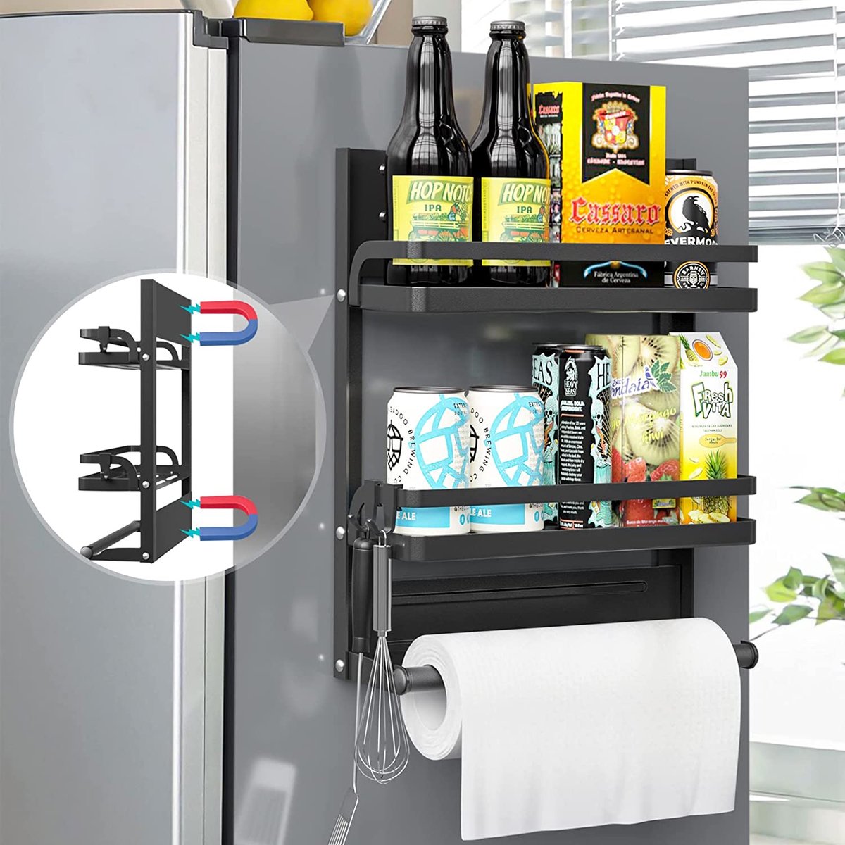 Etagere Magnetique, Etagère Réfrigérateur Supports pour Papier Essuie-Tout  Distributeur, 5 Étagères Étagère à Épices, Organisateur de Réfrigérateur  avec 5 Crochets (Noir) : : Cuisine et Maison