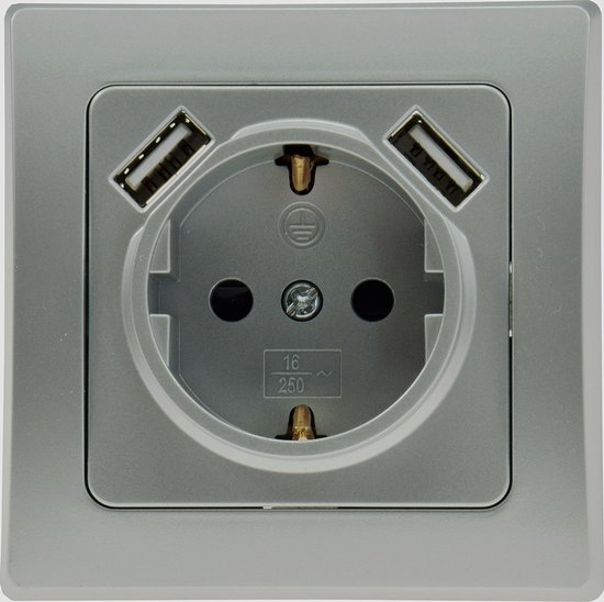 Stopcontact met USB 2x - Verdeelstekker horizontaal - Inbouwdoos met Randaarde - Wandcontactdoos inbouw - verdeeldoos zonder snoer - Zilver