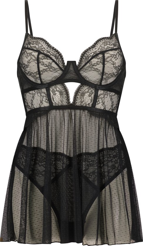 Hunkemöller Babydoll Isabelle Dames Neglige - Black - Maat C75