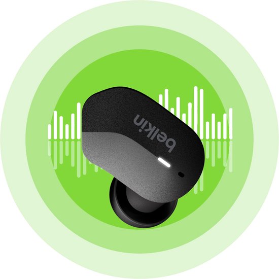 Zwarte Belkin oortelefoon met een groen geluidsgolven patroon.