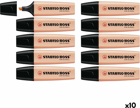 Doos met 10 perzikkleurige STABILO BOSS ORIGINAL markers, elk met zwarte dop.