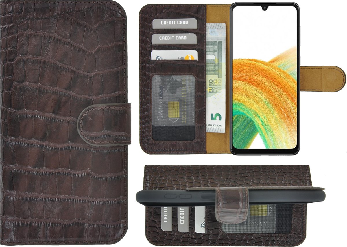 MoDo hoesje Geschikt voor Samsung Galaxy A34 - Echt Leer Book Case - Croco Chocoladebruin