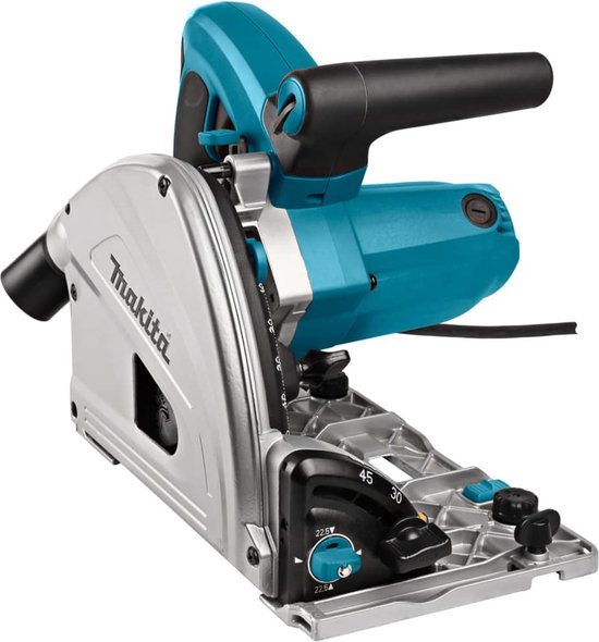 Makita invalcirkelzaag met turquoise behuizing en zilveren details, met instelbare hoek.