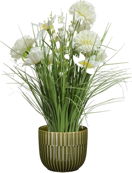 Kunstbloemen boeket wit in pot groen - keramiek - H40 cm
