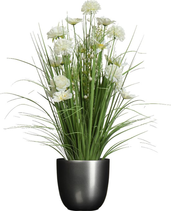 Kunstbloemen boeket wit - in pot antraciet grijs - keramiek - H70 cm